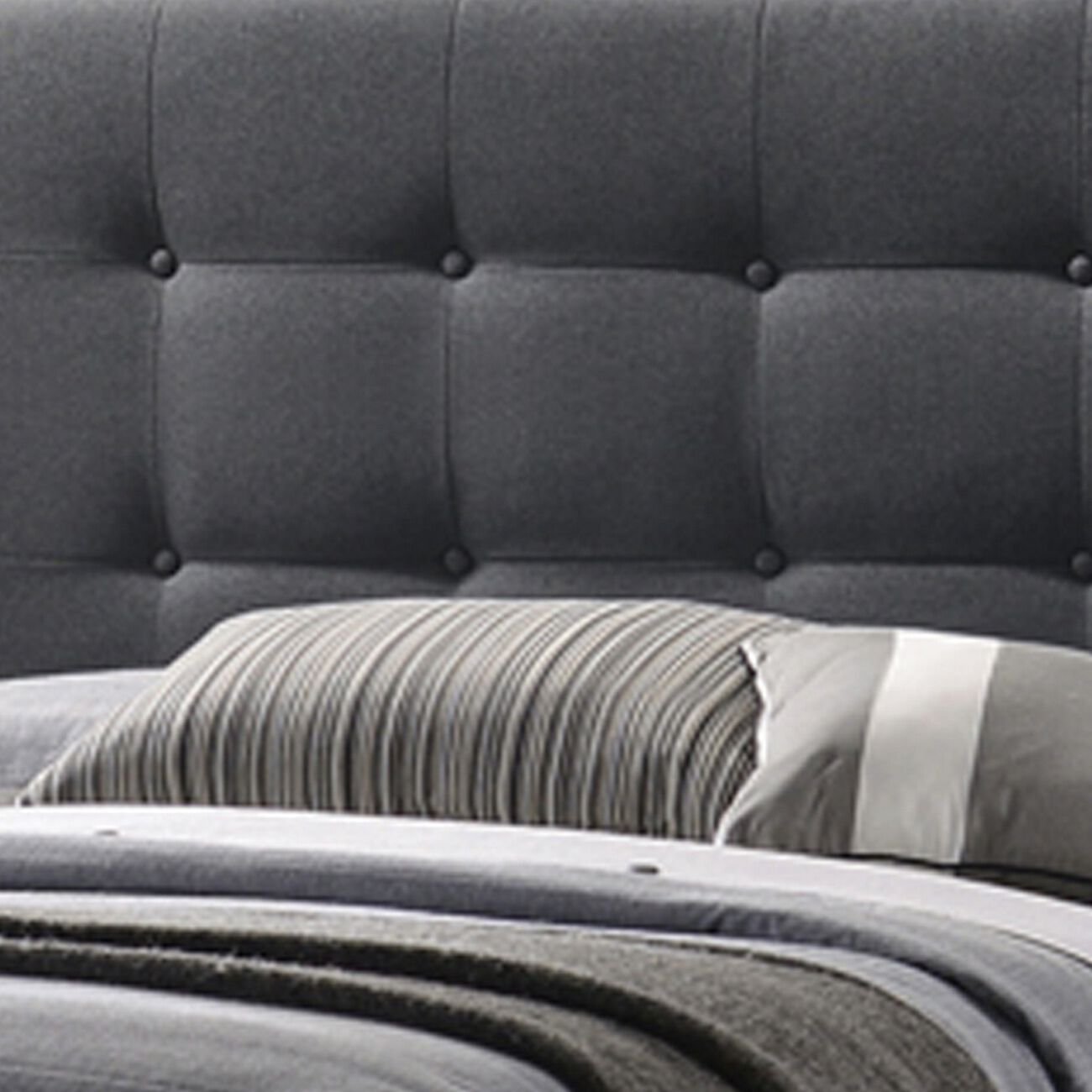 Queen Size Bed with Square Button Tufted Headboard, Dark Gray