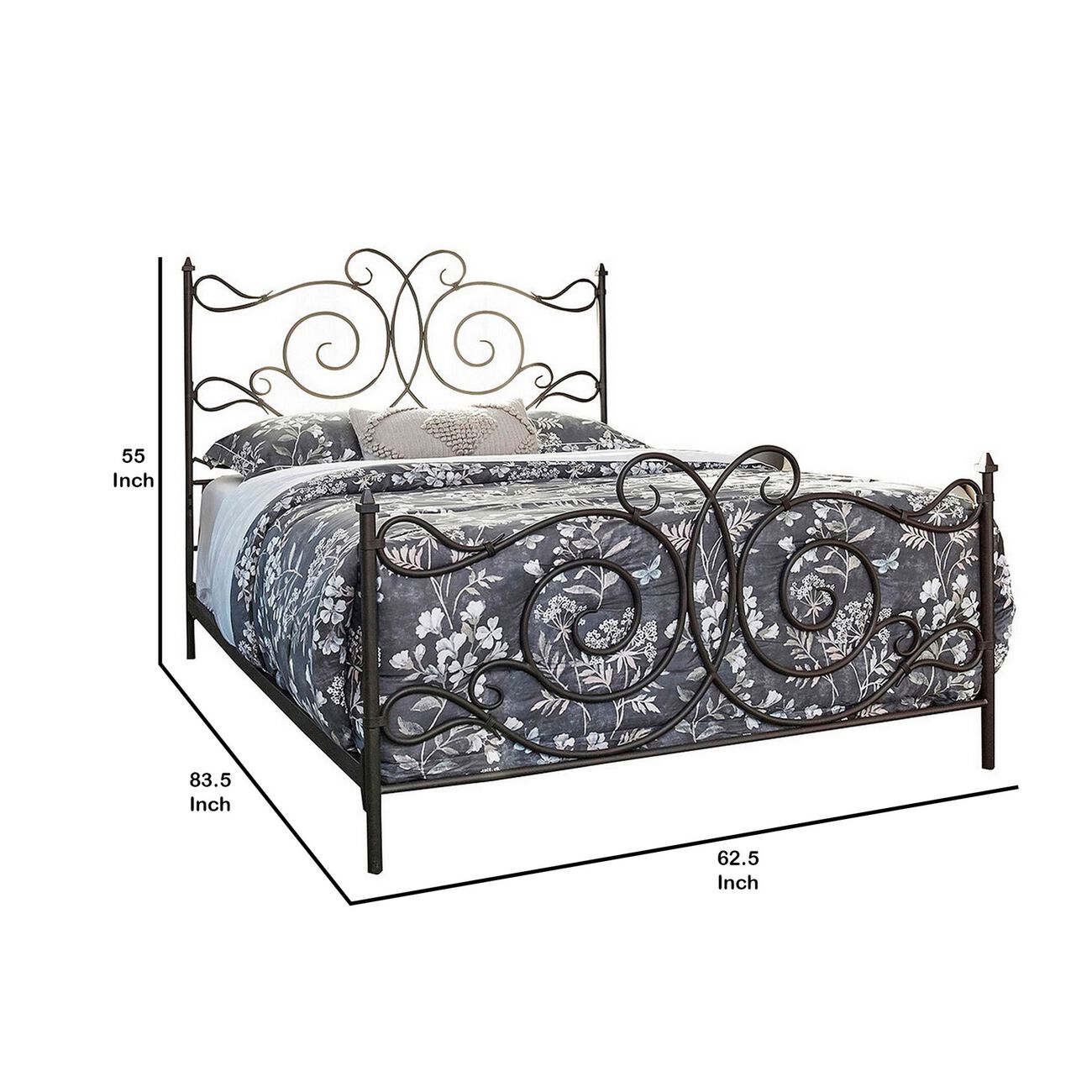 Open Frame Scroll Design Metal Queen Bed, Dark Bronze