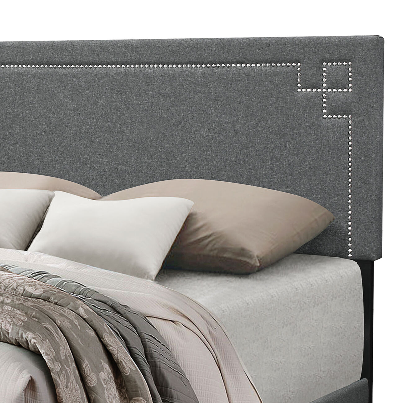Fabric Eastern King Bed with Geometric Pattern Nailhead Trims, Gray