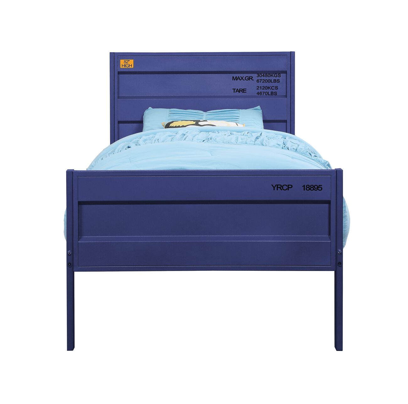 Industrial Style Metal Twin Size Bed with Straight Leg Support, Blue