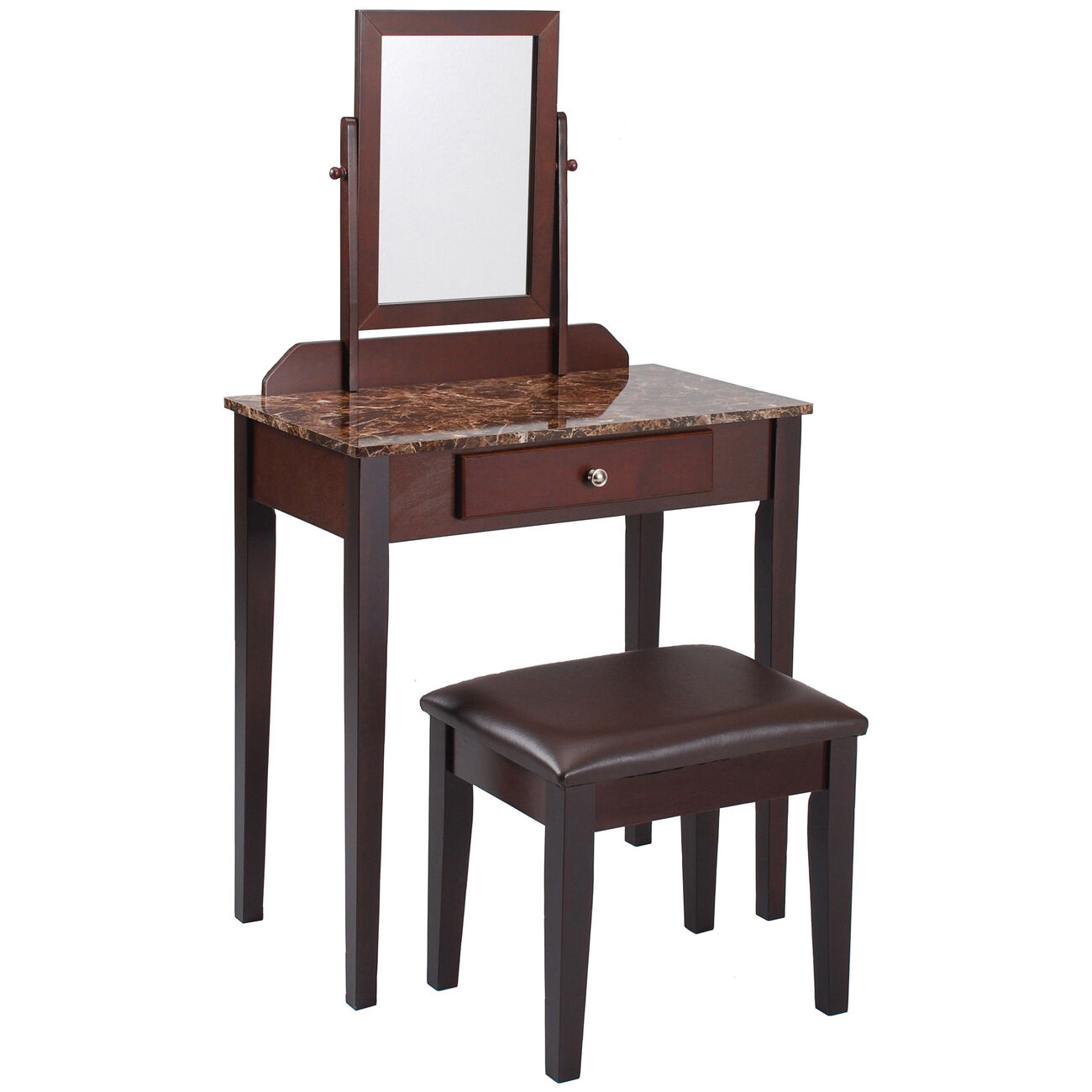 Wood and Faux Leather Vanity Set with Faux Marble Top, Brown