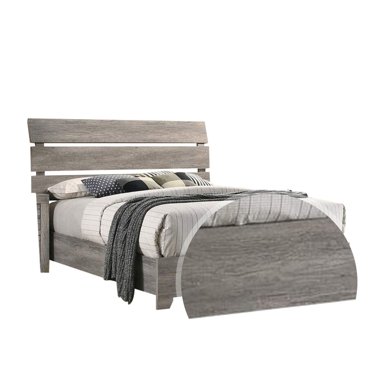 Wooden Queen Slatted Headboard with Low Footboard and Bracket Feet, Gray