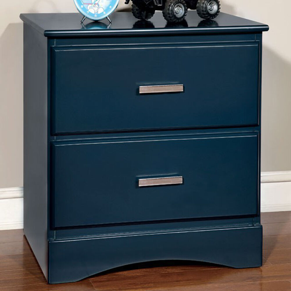 Transitional 2 Drawers Wooden Night Stand With Metal Handles, Glossy Blue