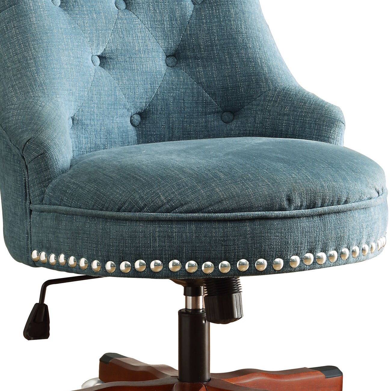 Wooden Swivel Office Chair with Button Tufted Backrest, Blue and Brown