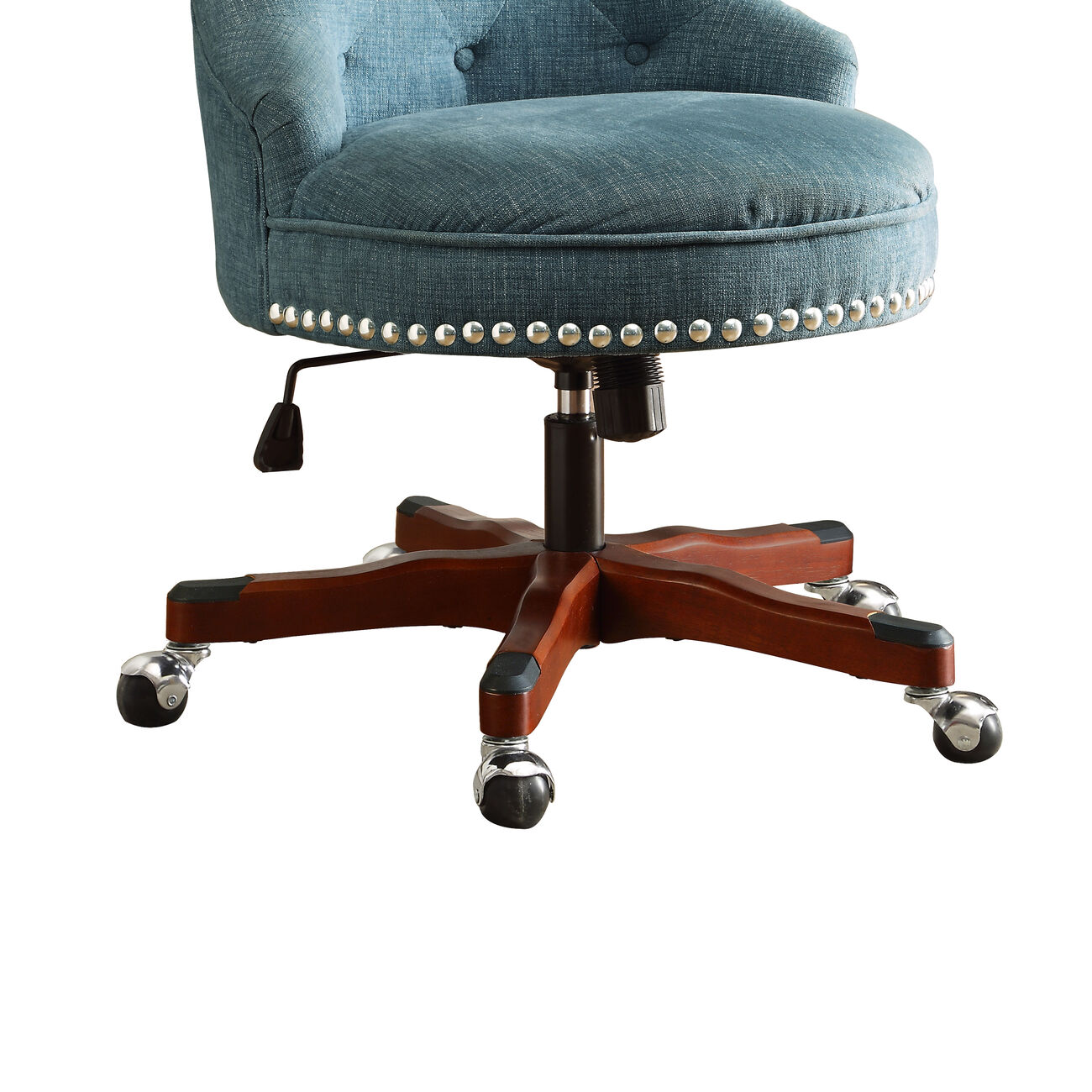 Wooden Swivel Office Chair with Button Tufted Backrest, Blue and Brown