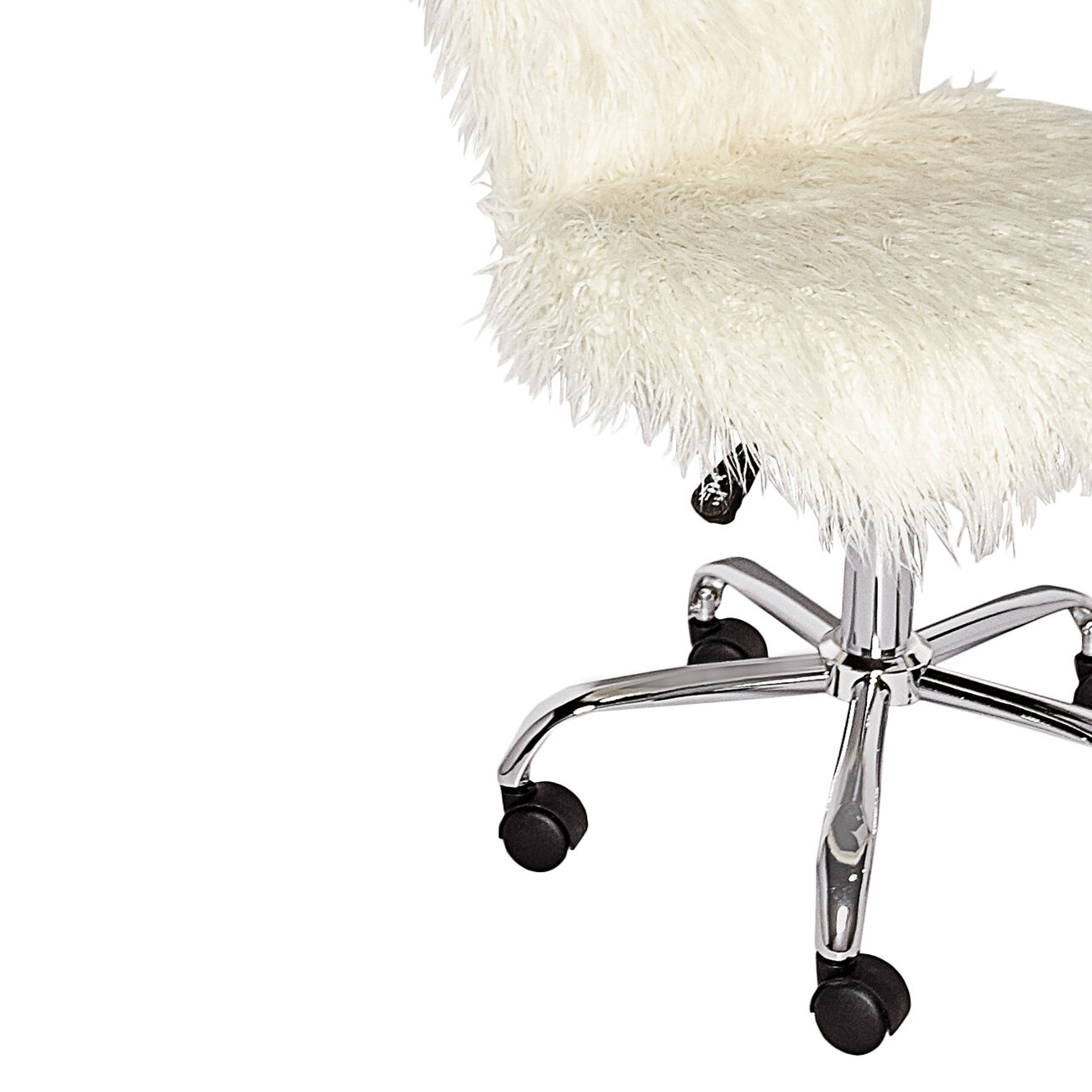 Faux Fur Upholstered Office Chair with Caster Wheels, White and Silver