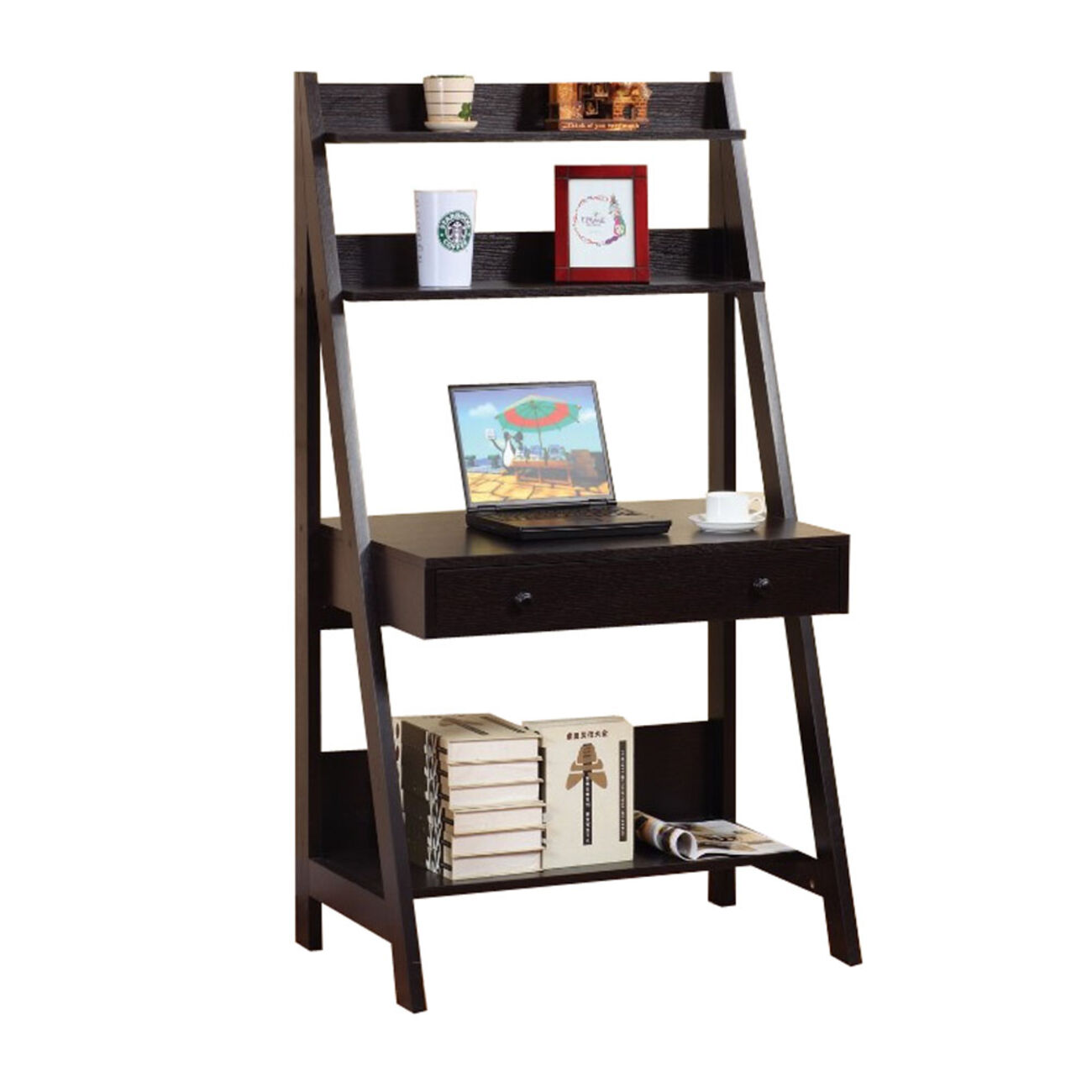 Contemporary Style Ladder Desk With 3 Open Shelves.