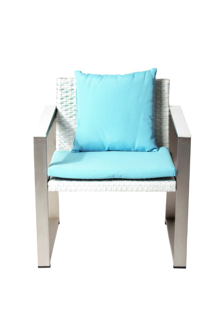Anodized Aluminum Upholstered Cushioned Chair with Rattan, White/Turquoise