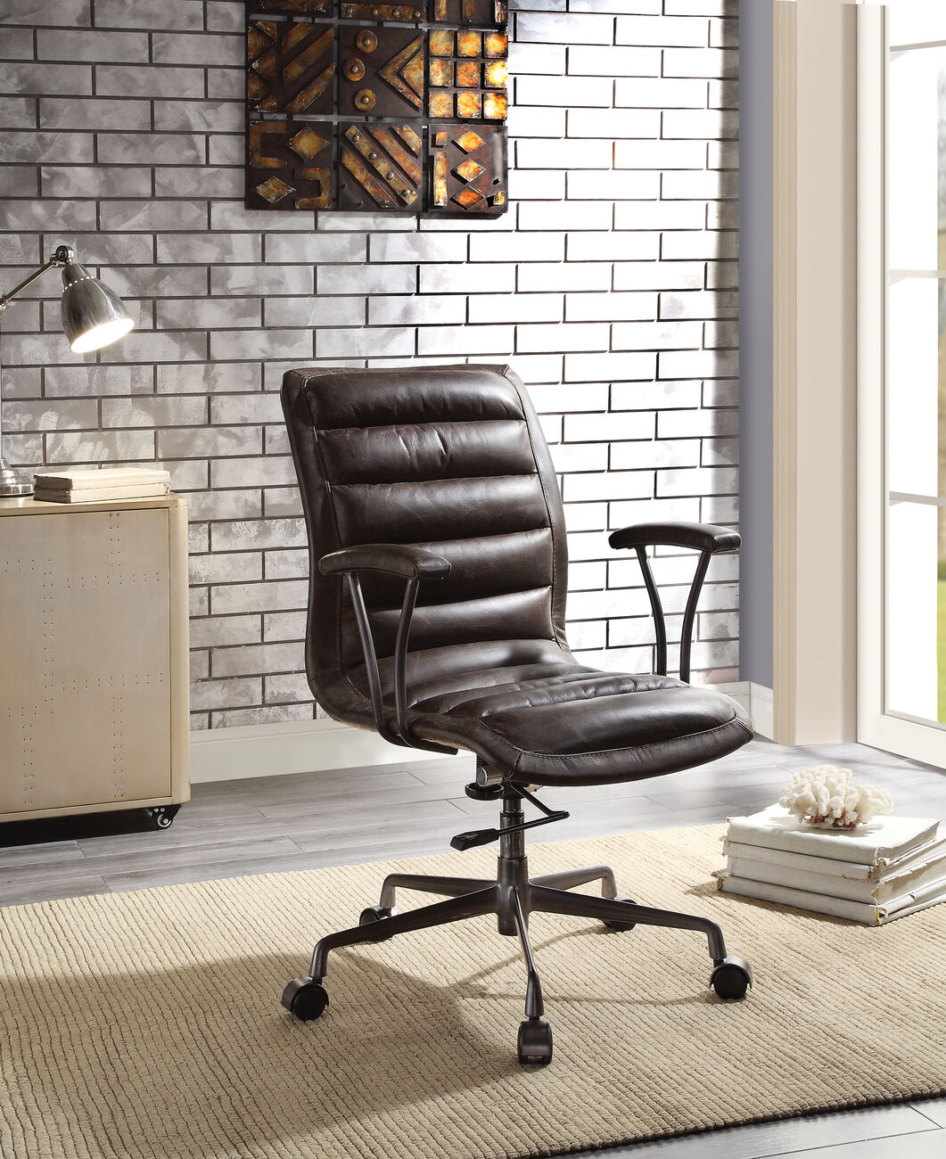 Tufted Leatherette Office Chair with Adjustable Metal Base and Padded Armrest, Brown and Gray