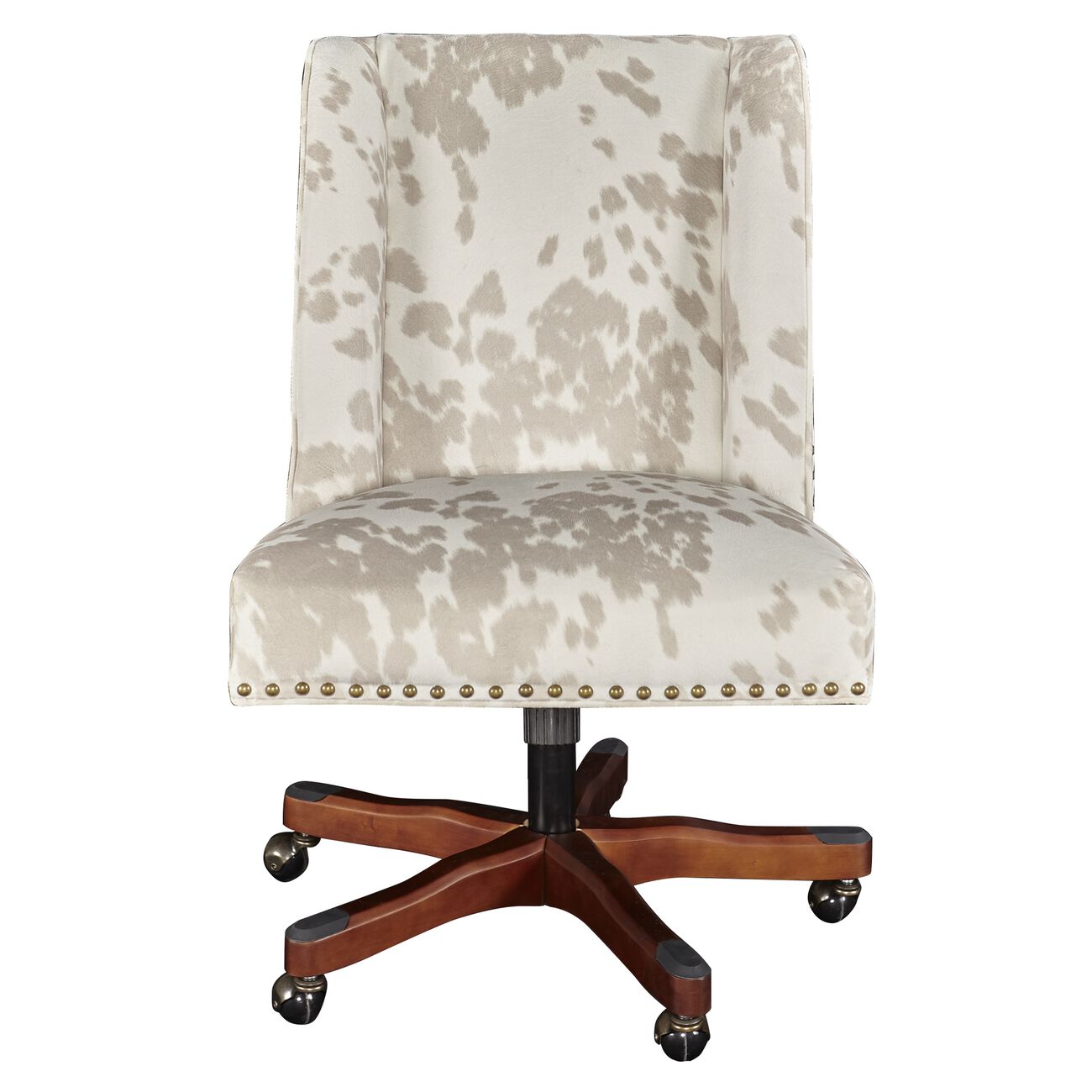 Cow Print Fabric Upholstered Swivel Office Chair, White and Brown