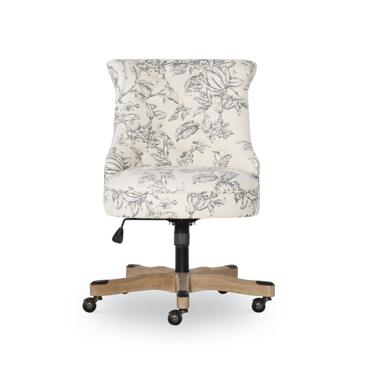 Floral Fabric Upholstered Office Chair with Adjustable Height, White and Gray