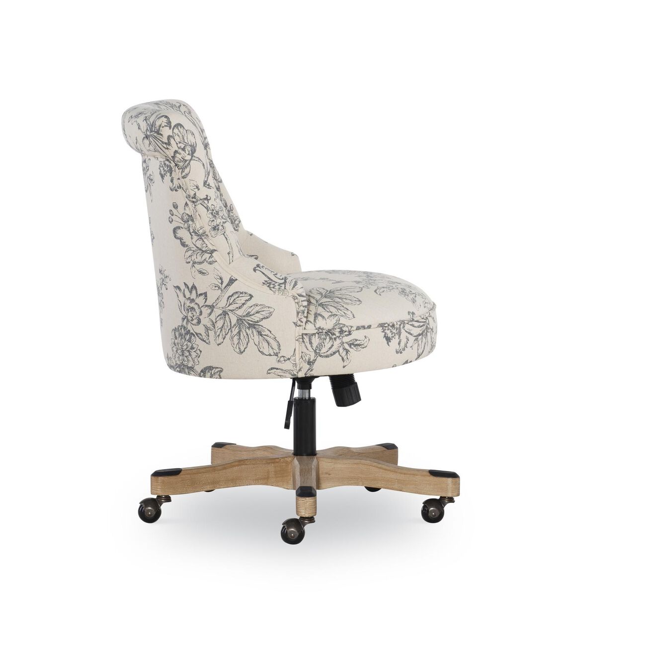 Floral Fabric Upholstered Office Chair with Adjustable Height, White and Gray