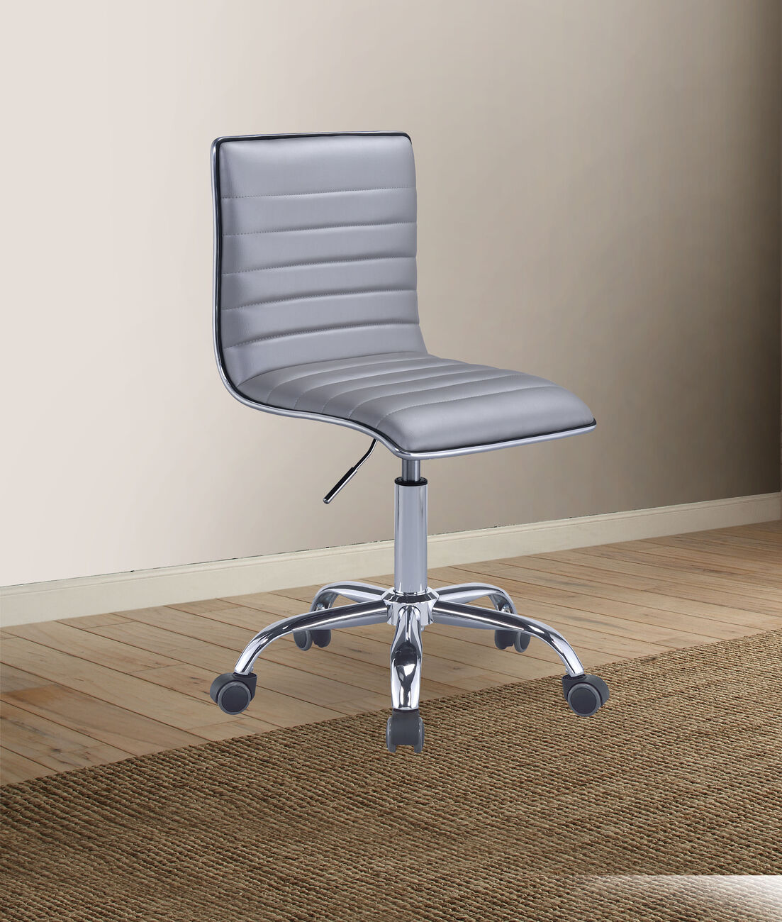 Armless Leatherette Swivel Office Chair with Adjustable Height and Metal Base, Silver