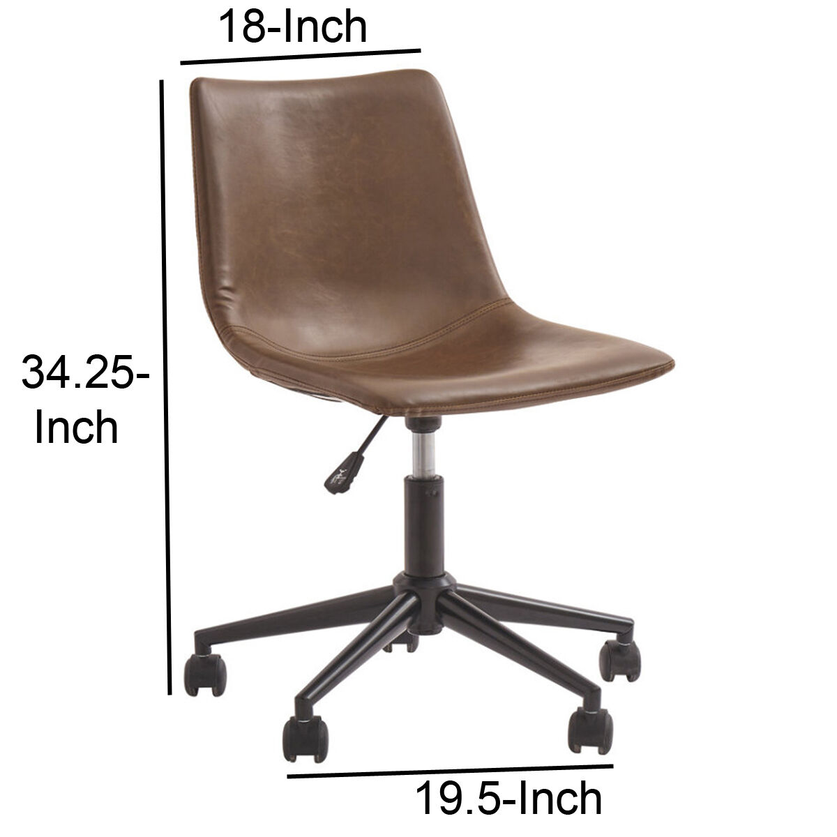 Metal Swivel Chair with Faux Leather Upholstery and Adjustable Seat, Brown and Black