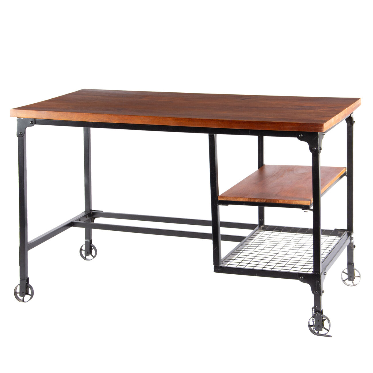 Industrial Style Wooden Desk With Two Bottom Shelves, Brown And Black