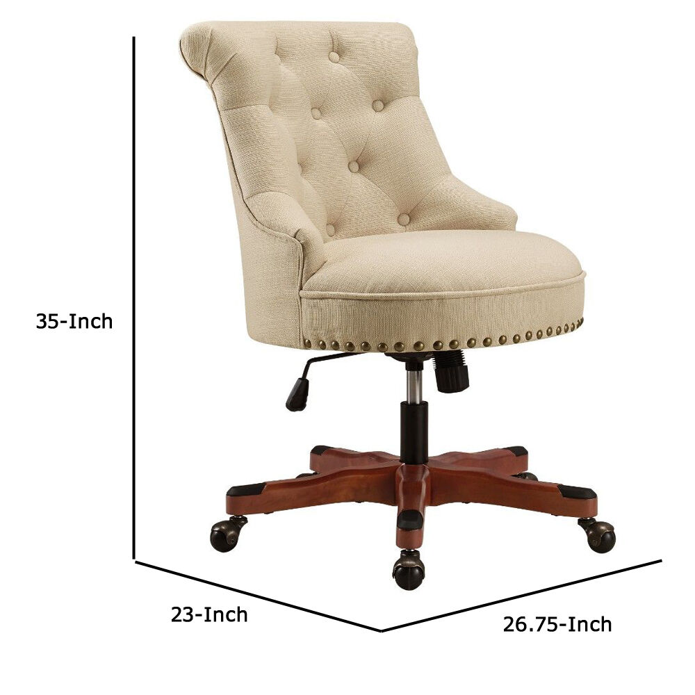 Nailhead Trim Fabric Upholstered Office Chair with Adjustable Height, Beige