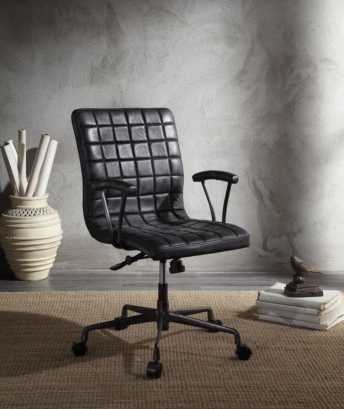 Metal Framed Leatherette Office Chair with Padded Armrests and Adjustable Height, Black and Gray
