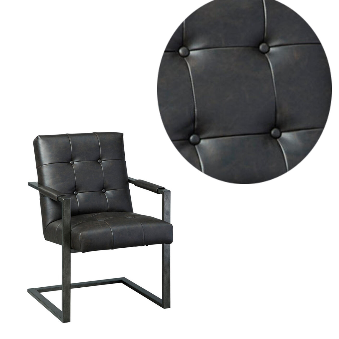 Button Tufted Leatherette Chair with C frame Metal Base, Set of Two, Black and Gray