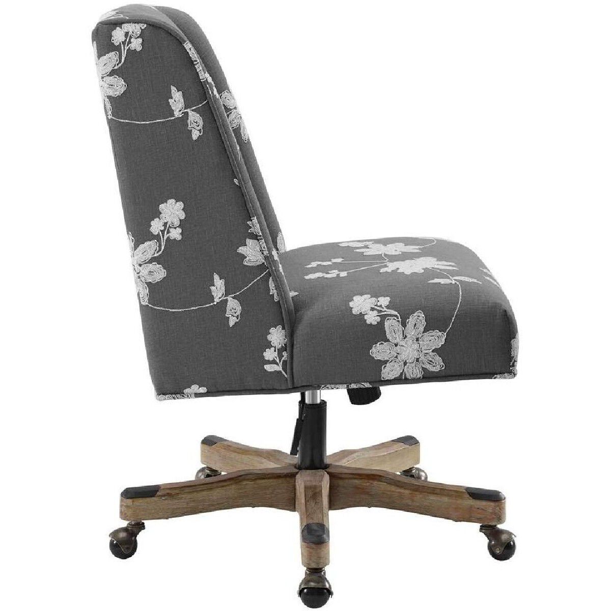 Floral Embroidered Fabric Upholstered Office Chair, Gray and White