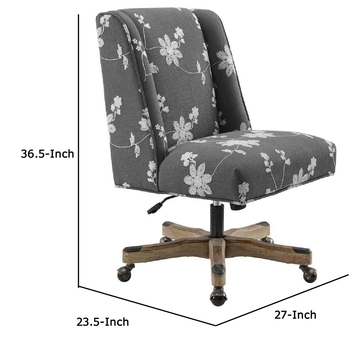 Floral Embroidered Fabric Upholstered Office Chair, Gray and White