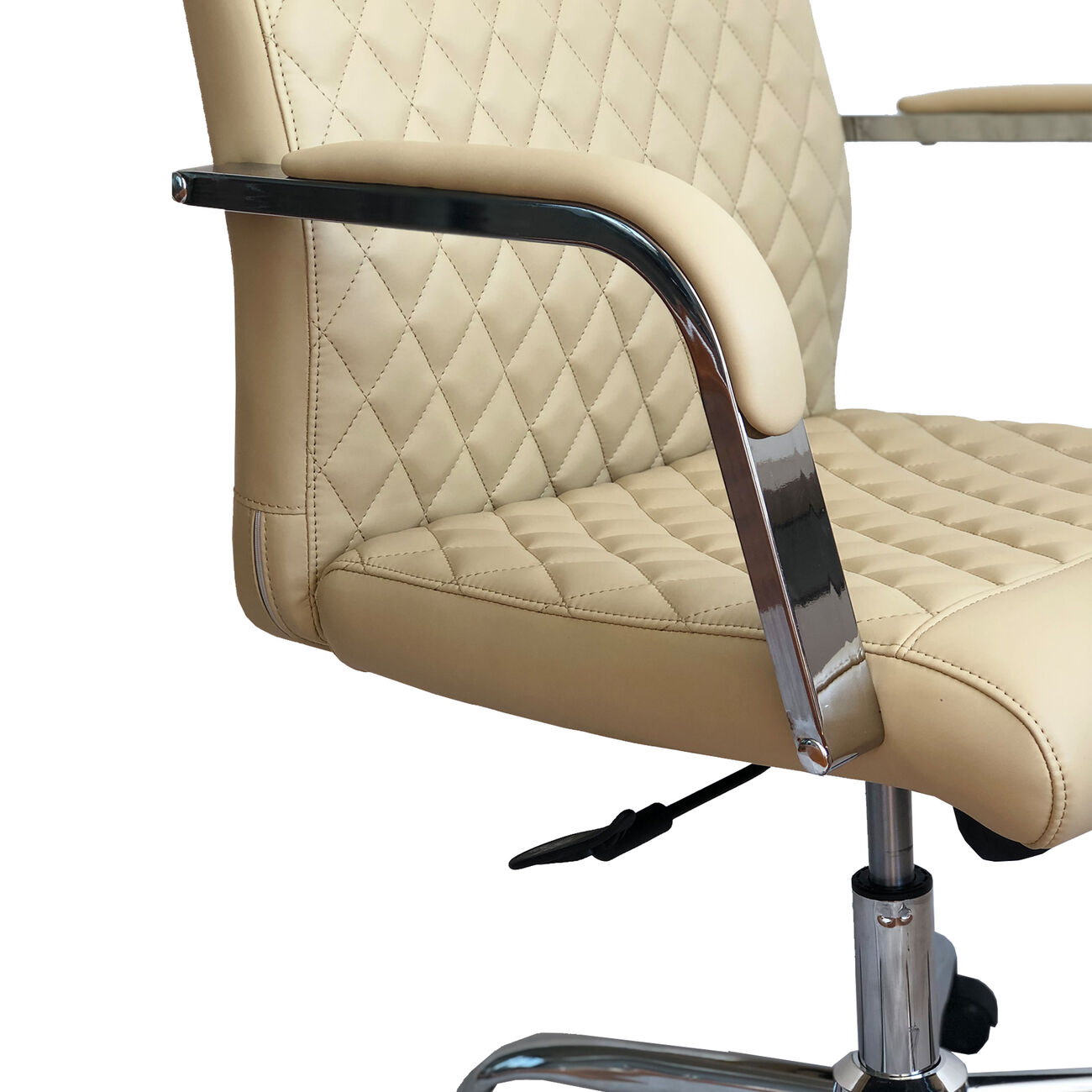 Adjustable Diamond Stitched Ergonomic Leatherette Office Chair with Casters, Beige and Chrome