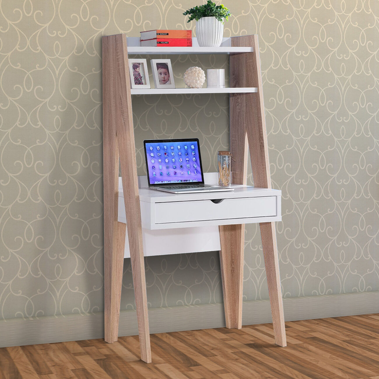 Huge Adorning Computer Desk With Drawer, Light Brown and White