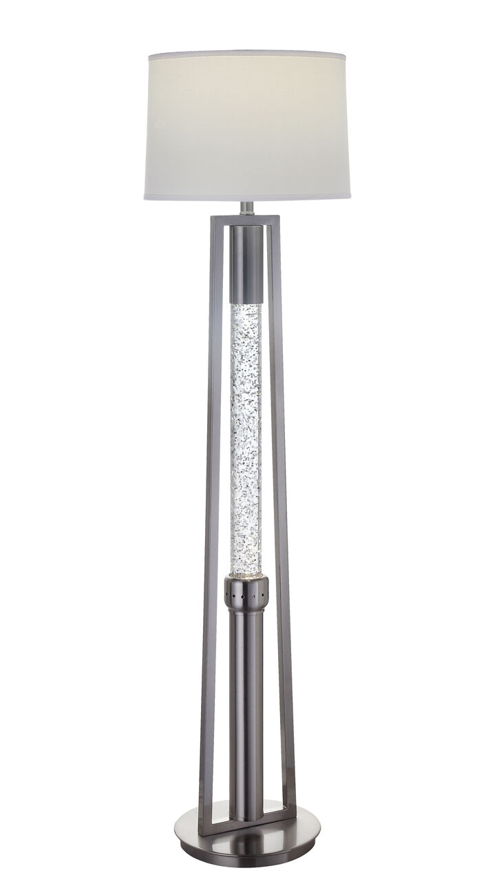 Metal Floor Lamp with Fabric Drum Shade and LED Glass Cylinder, Silver and White