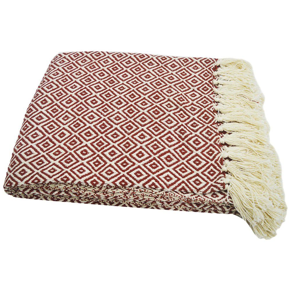 Diamond Pattern Cotton Throw With Fringed Ends, Rust-Ivory