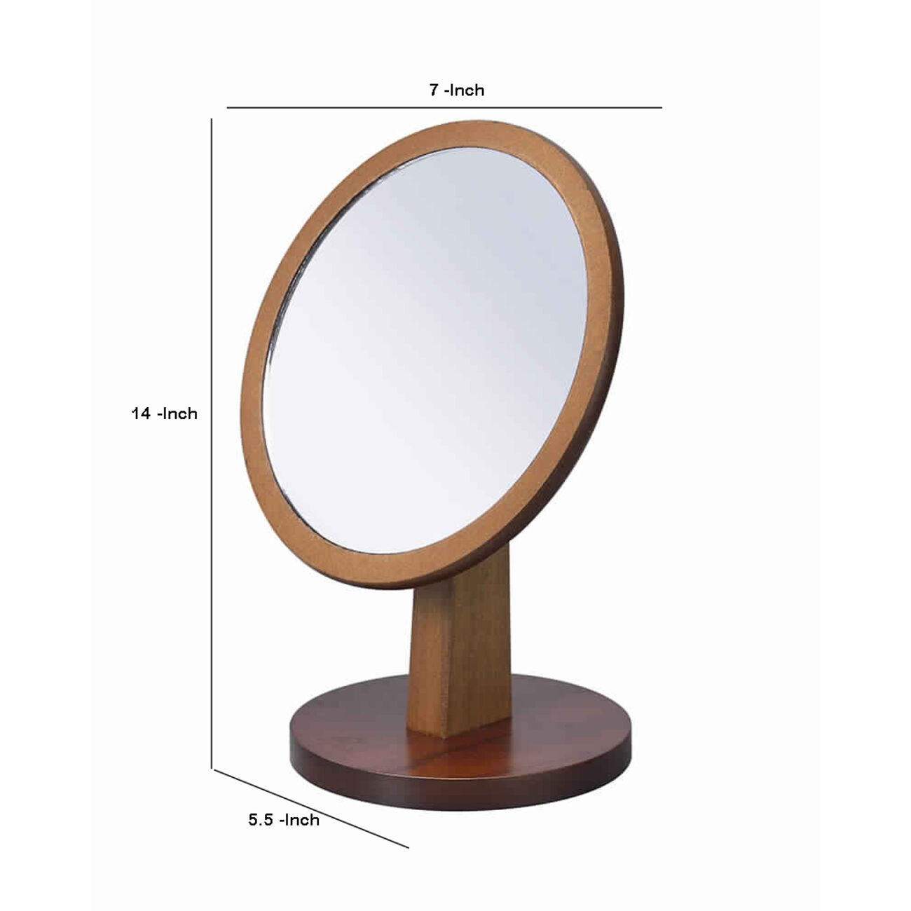 Wooden Makeup Round Mirror with Pedestal Base, Brown and Silver