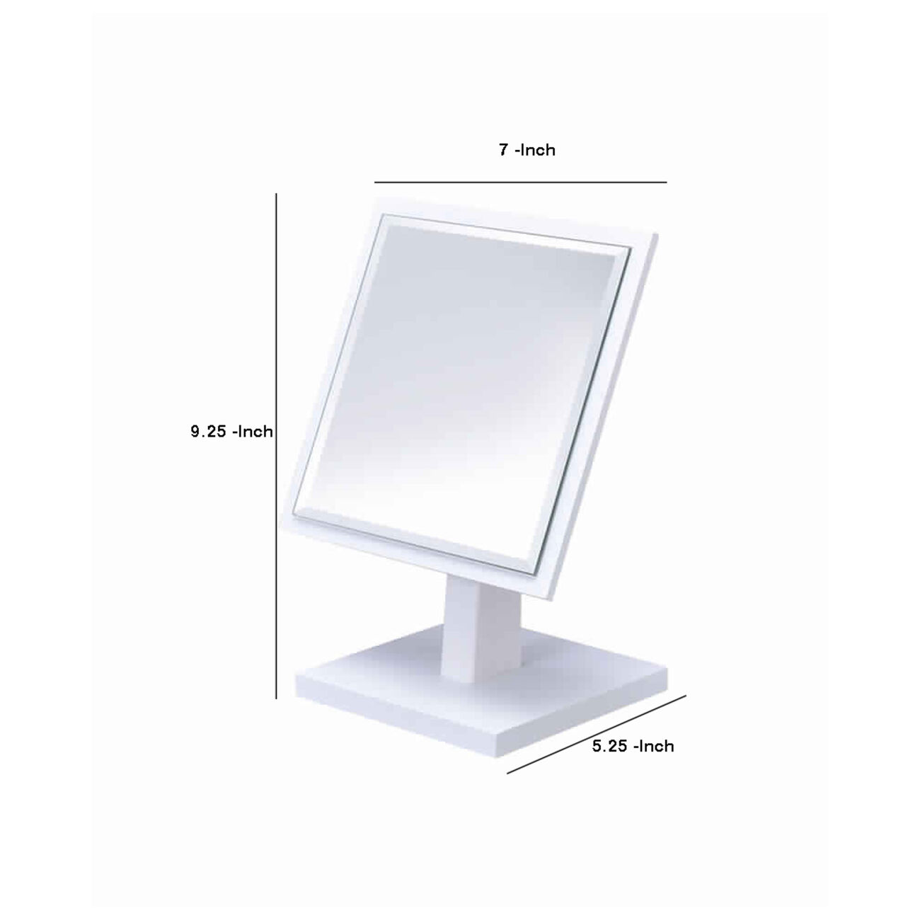 Square Makeup Mirror with Wooden Pedestal Base, White and Silver