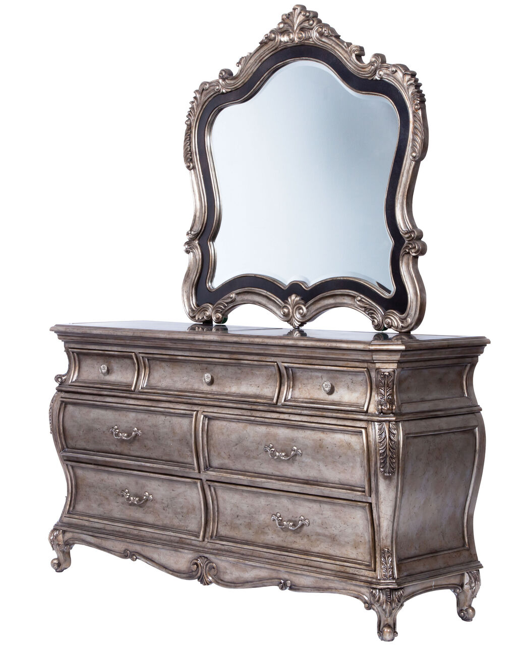 Traditional Mirror with Wooden Scrollwork Crown, Black and Gold