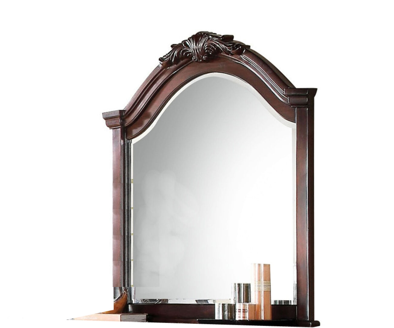 Traditional Wooden Mirror with Arched Top and Scrollwork Crown, Brown