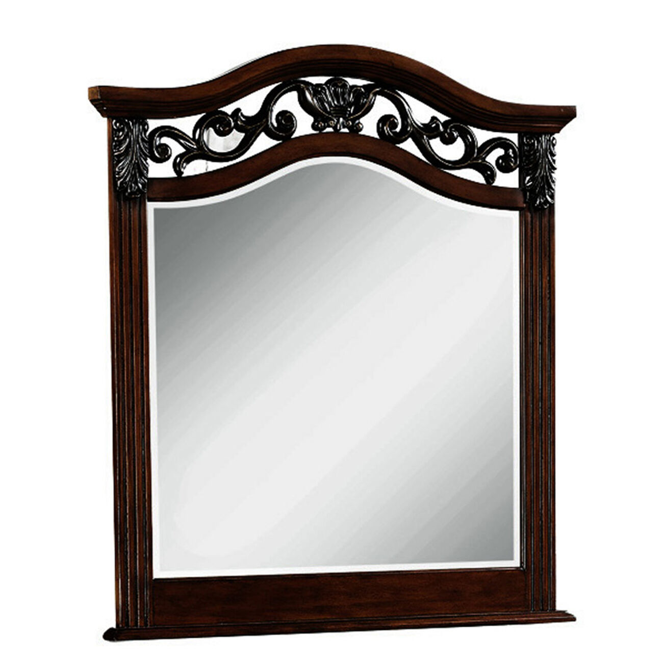 Wooden Mirror with Scalloped Top and Scrollwork Details, Dark Brown
