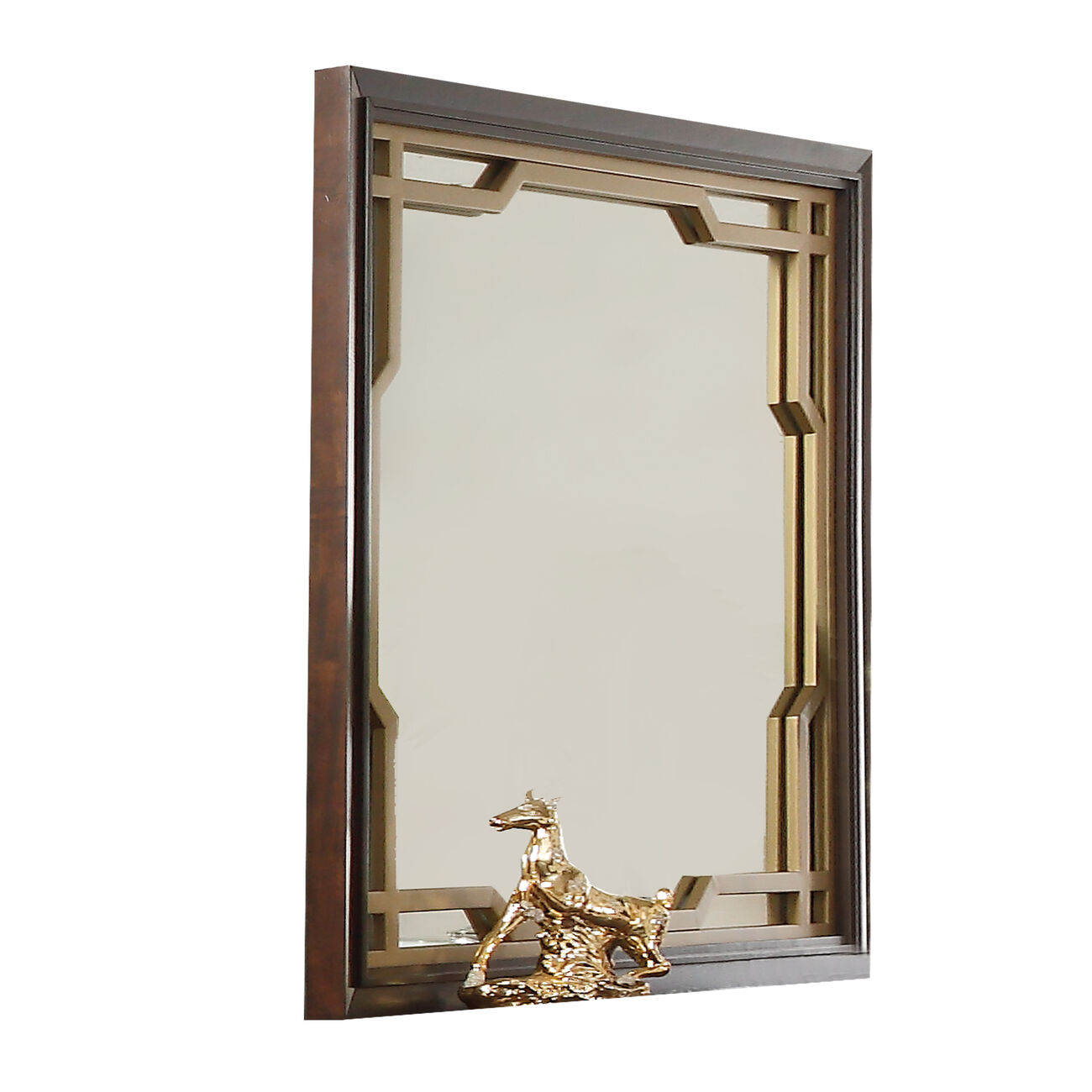 Rectangular Wooden Mirror with Metal Cutout Pattern, Brown and Gold
