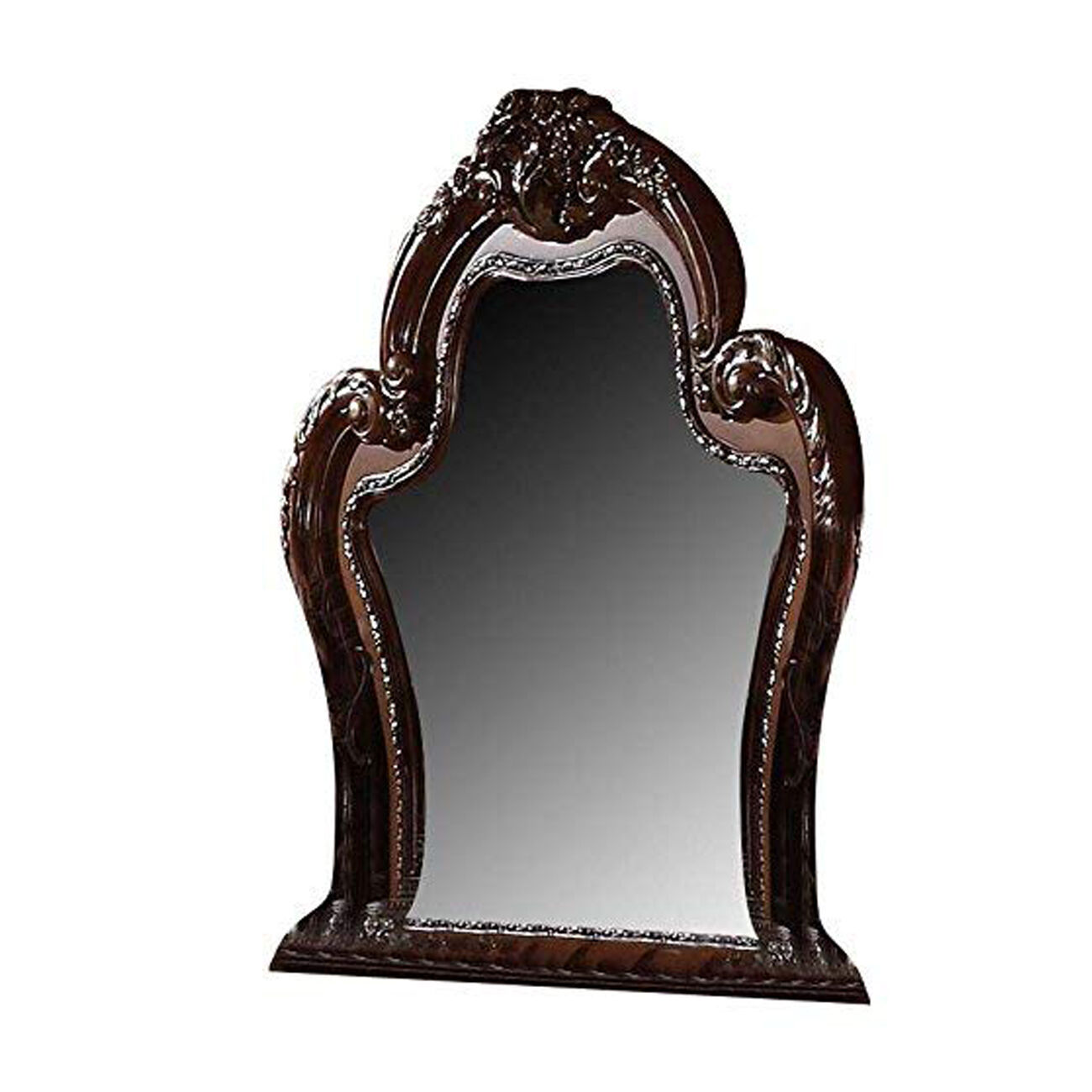 Traditional Wooden Mirror with Oversized Polyresin Scrollwork, Brown
