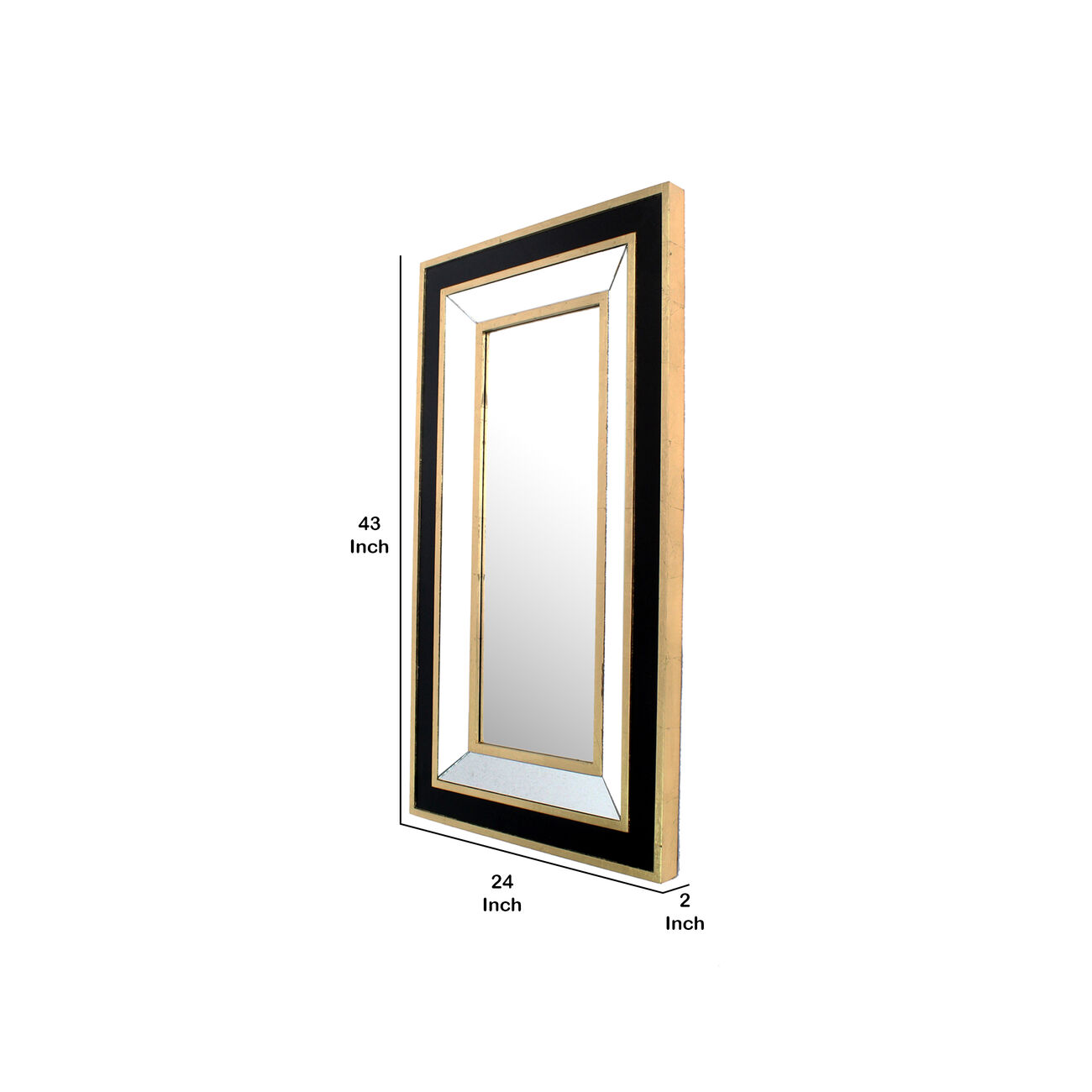 Rectangular Wooden Dressing Mirror with Beveled Edges, Black and Gold