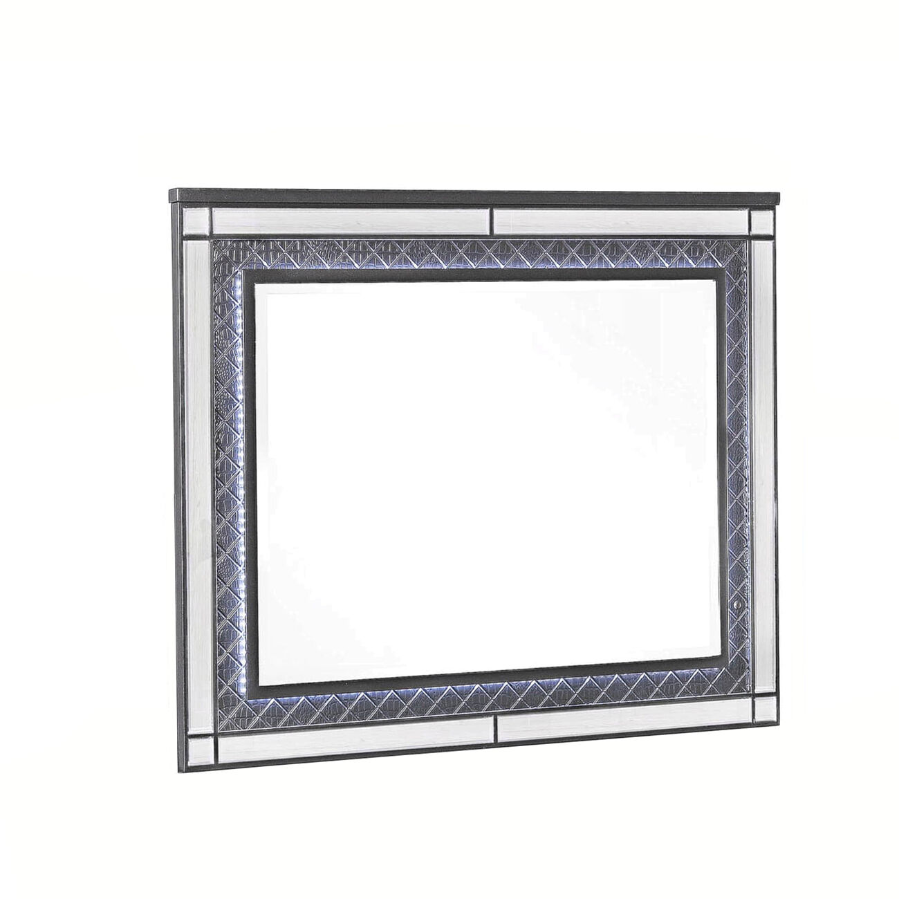 LED Trim Wooden Frame Mirror with Diamond Pattern, Gray and Silver