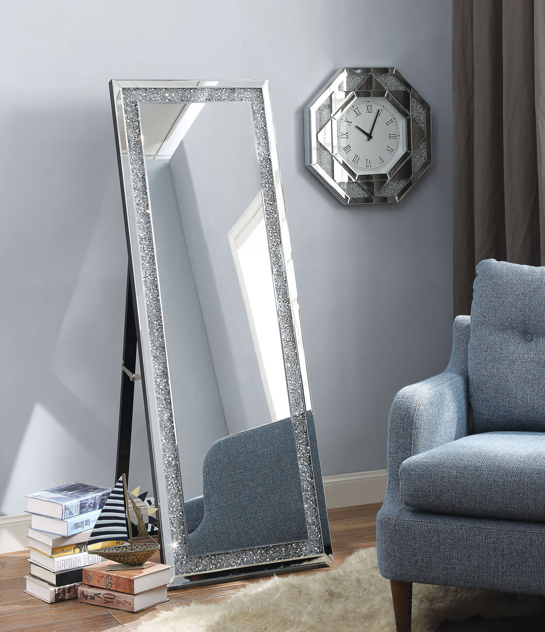 Faux Crystal Accented Wooden Floor Mirror, Clear and Silver
