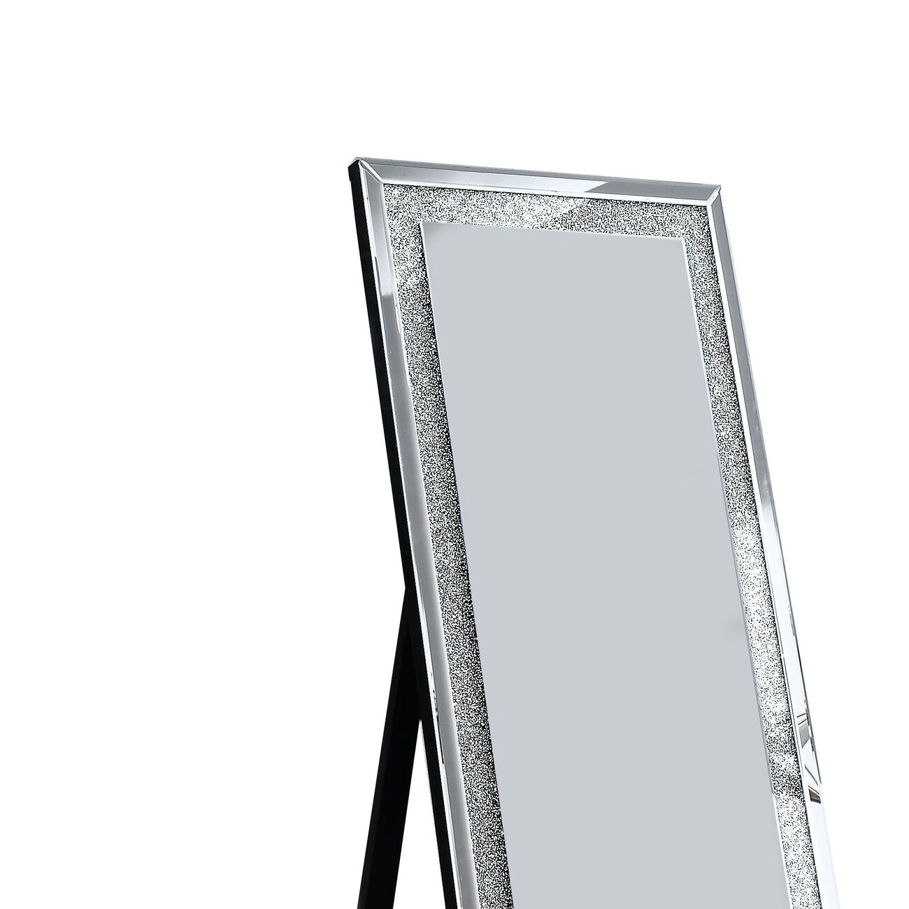 Faux Crystal Accented Wooden Framed Floor Mirror with Beveled Sides, Silver