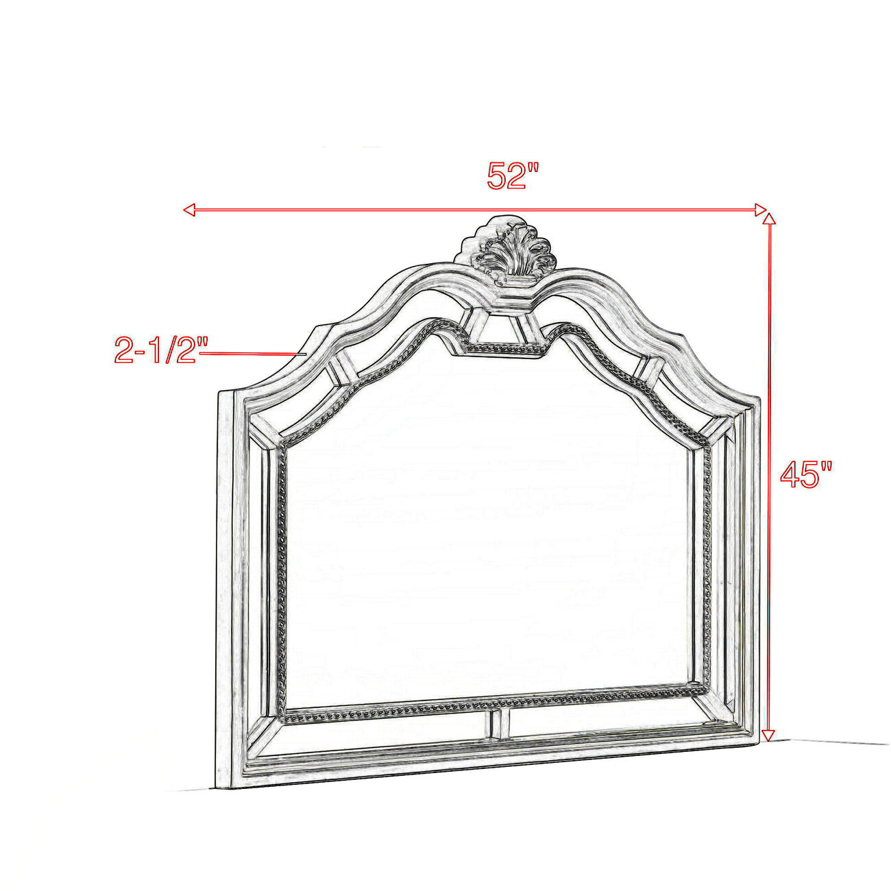 Scalloped Design Mirror with Crown Top and Wooden Molded Details, Silver