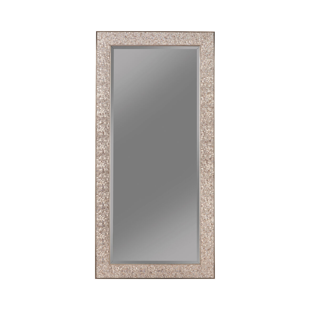 Rectangular Beveled Accent Floor Mirror with Glitter Mosaic Pattern, Silver