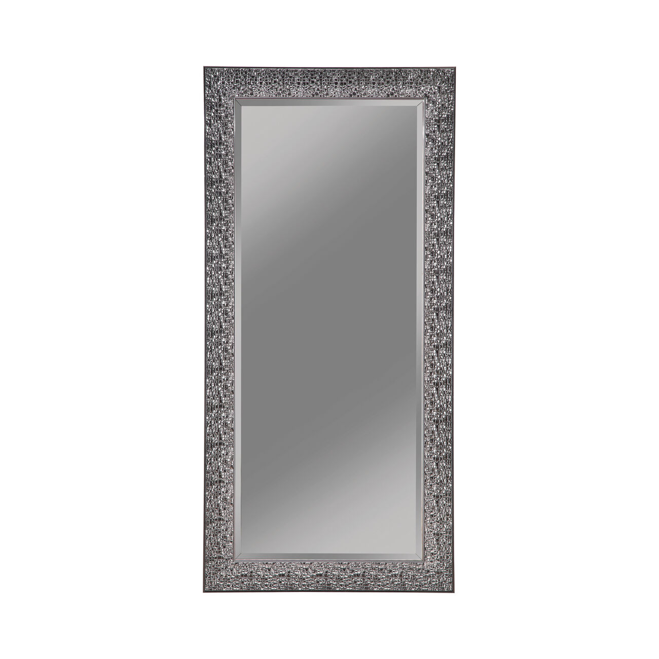 Rectangular Beveled Accent Floor Mirror with Glitter Mosaic Pattern, Gray