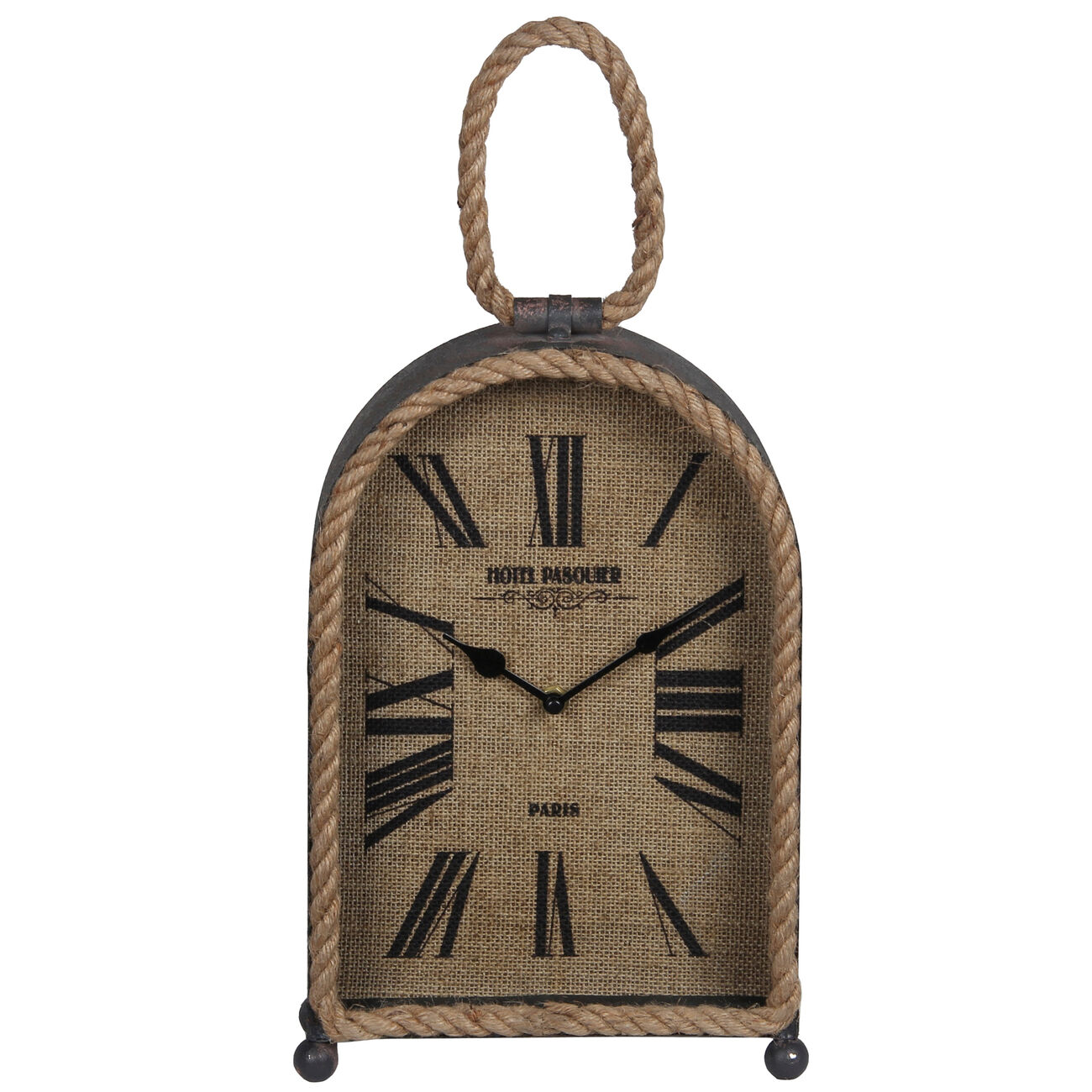 Arch Shape Metal Table Clock with Rope Edges and Handle, Gray and Brown