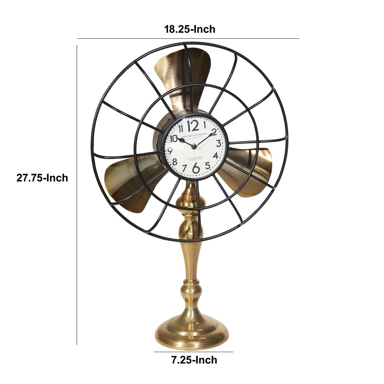 Metal Fan Style Table Clock with Pedestal Base, Small, Gold and Bronze