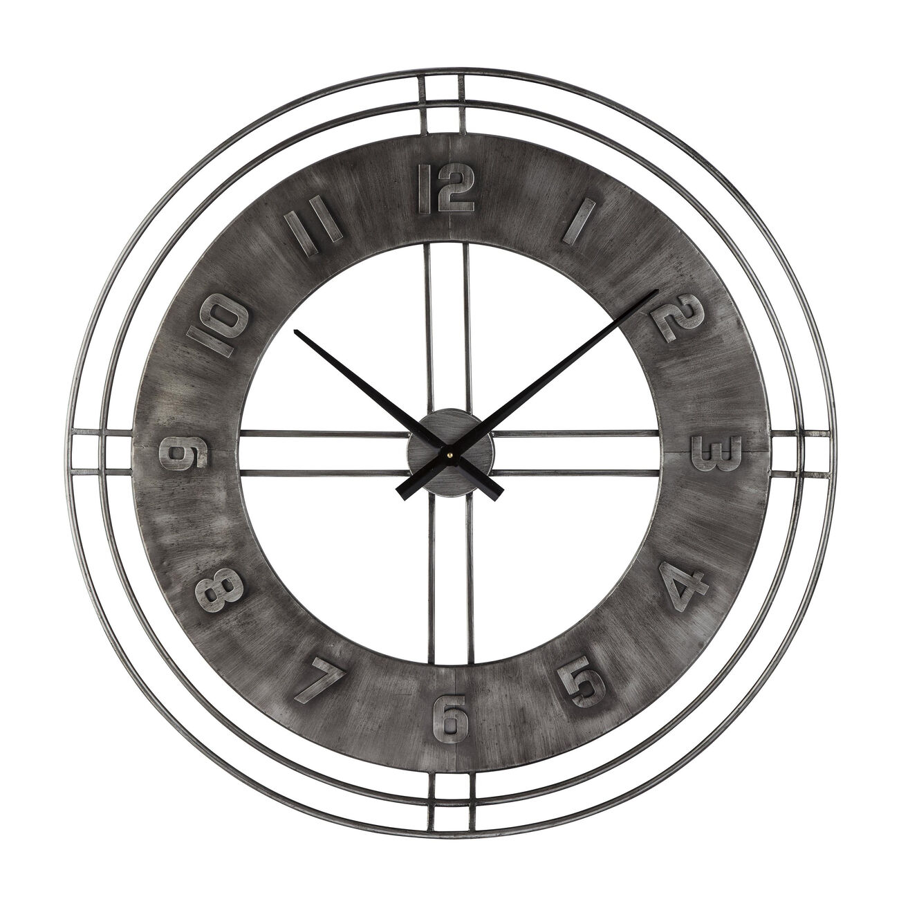 Industrial Round Metal Wall Clock with Roman Numerals, Gray