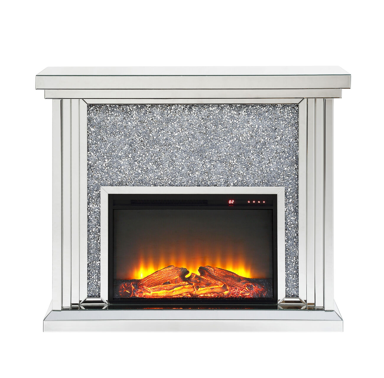 Wood and Mirror Electric Fireplace with Faux Crystals Inlay, Clear and Black