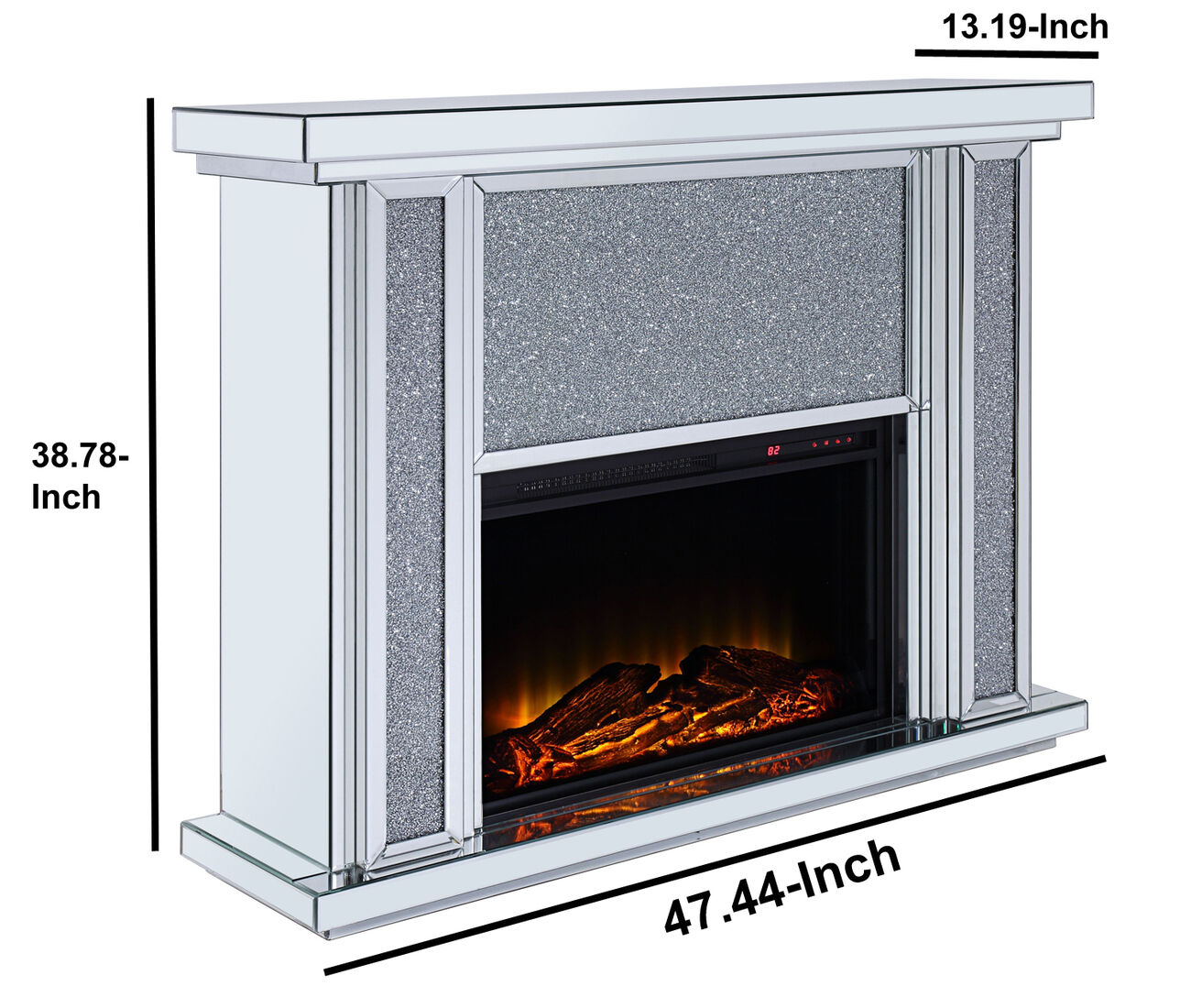 Wood and Mirror Electric Fireplace with Faux Crystal Dusted Face, Clear and Black
