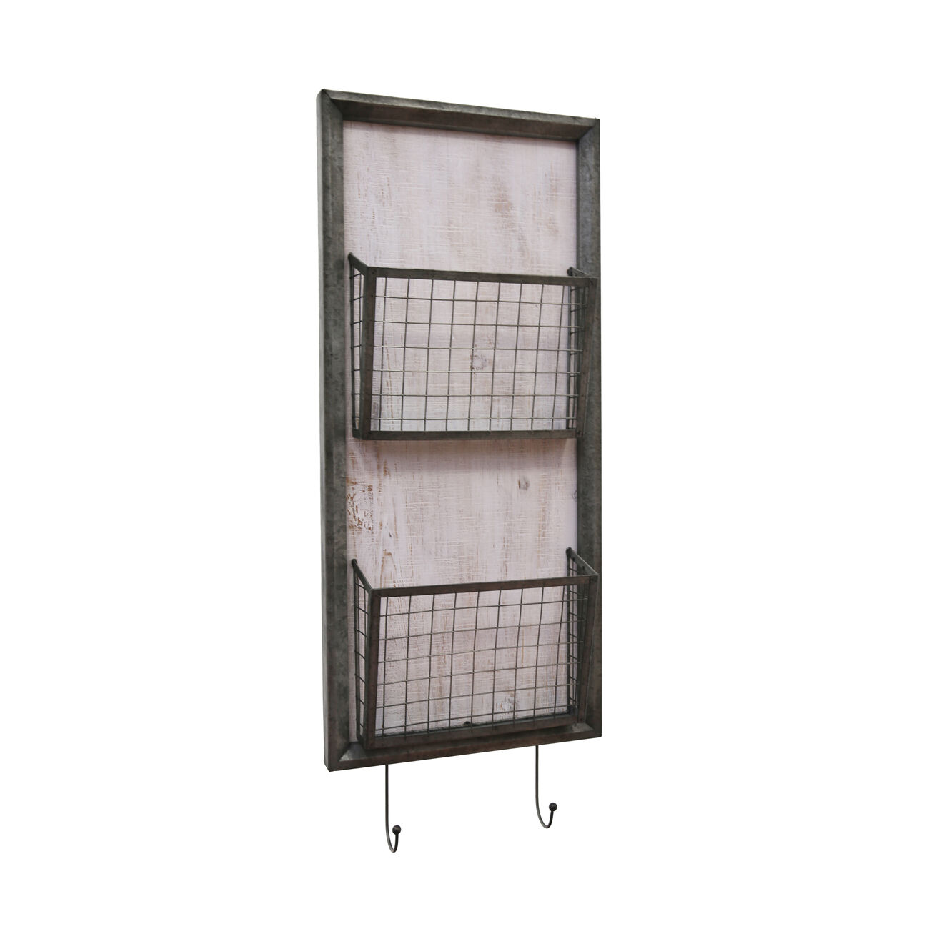 Traditional Metal Two Tier Wall Basket with Two Hooks, Gray