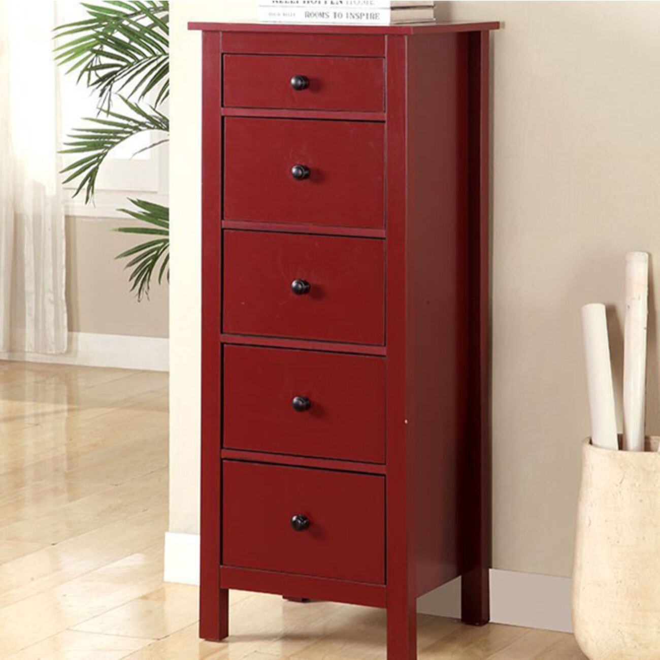 Contemporary Style 5 Drawers Wooden Chest, Red