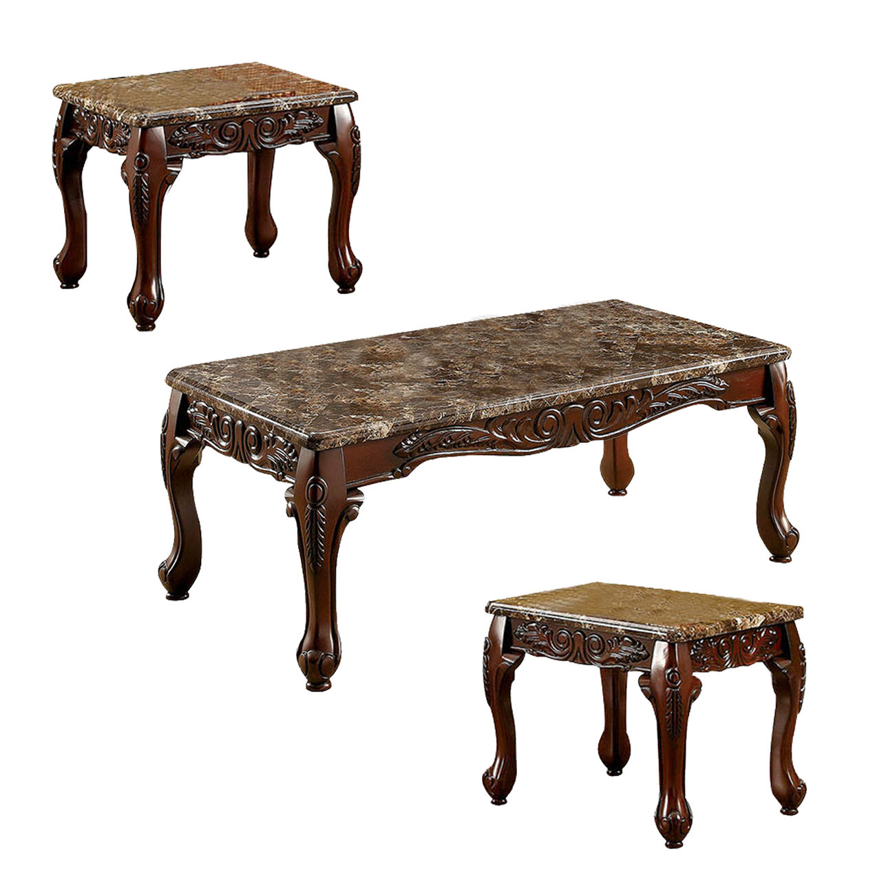 Wooden Coffee Table and End Tables Set with Faux Marble Top, Pack of 3, Brown